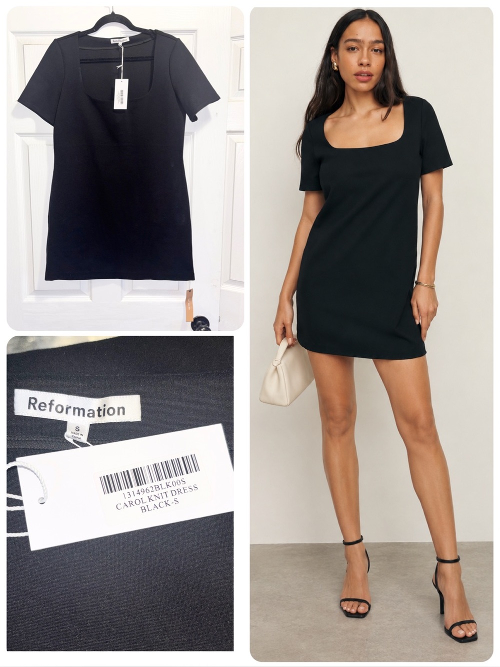 NWT Reformation Black Carol Knit Dress Square Neck Short Sleeve Mini Size Small